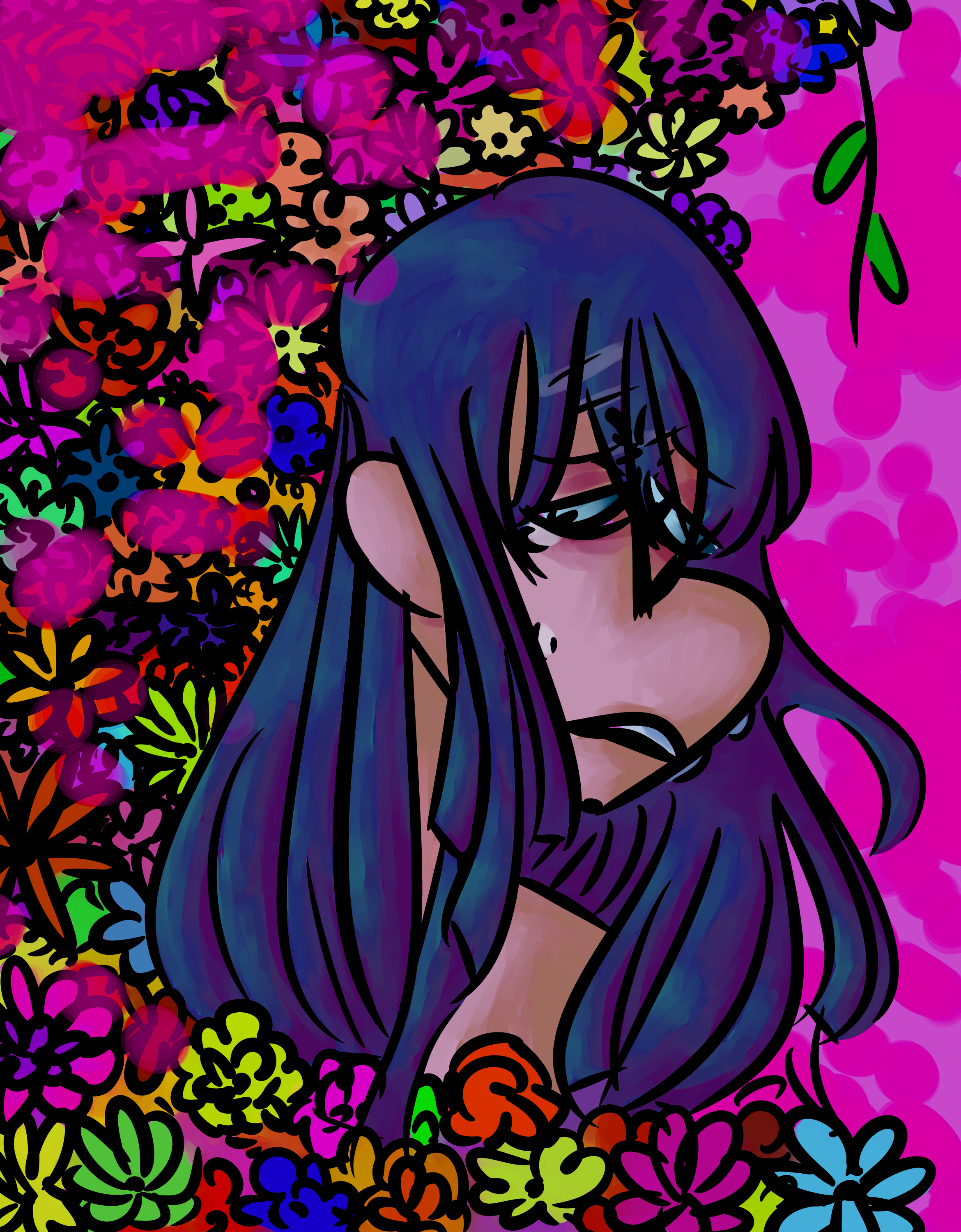 A sad girl, surrounded by flowers.